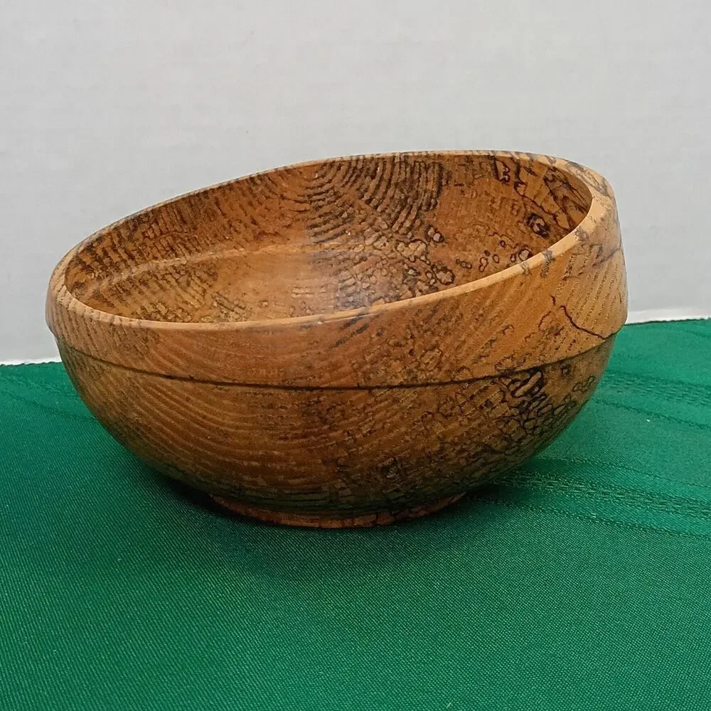 Hand Turned Spalted Water Oak Wood Bowl Slanted Rim Natural Edge Decorative Art